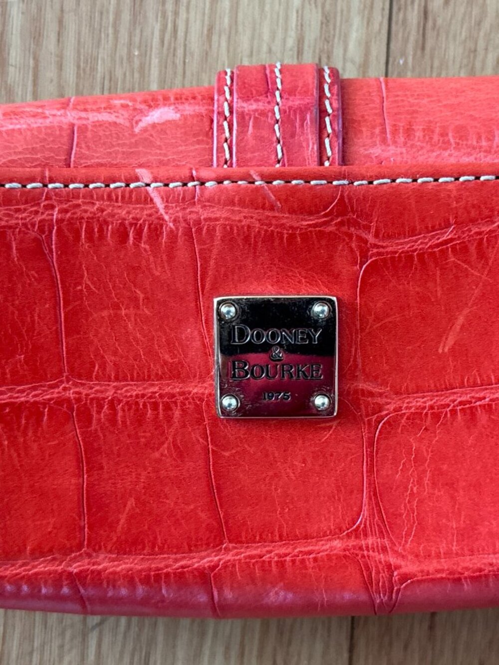 Dooney & Bourke Red Leather Crocodile Embossed Small Women's Tri-Fold Wallet